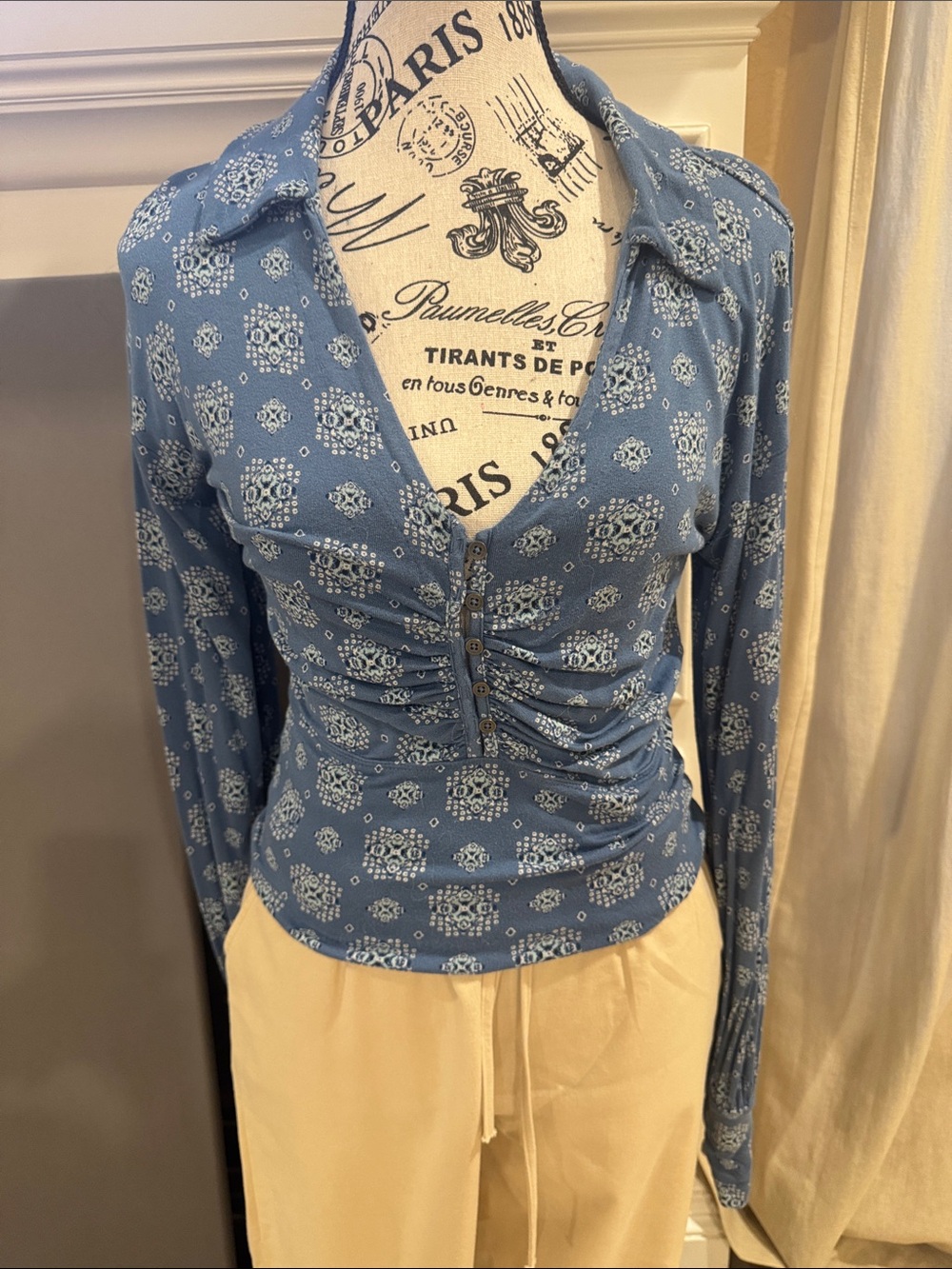 Free People Blue Ruched V-Neck Button-Front Long Sleeve Top